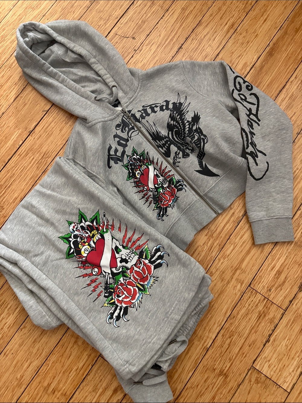 Ed Hardy Gray Zip-Up Hoodie & Sweatpants Set with Heart & Rose Tattoo Graphic